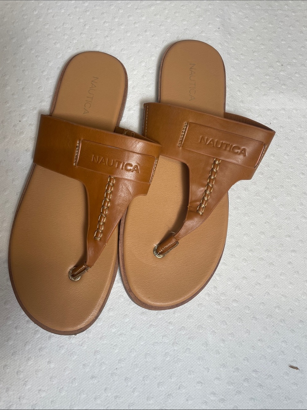 Nautica Cognac Brown Leather Slide Sandals thong slingback flip flop EU 40